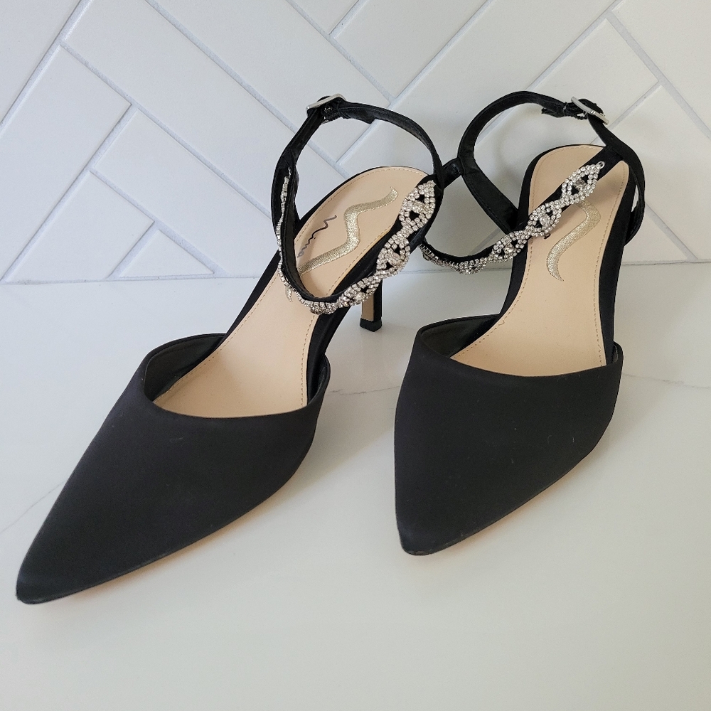 New Nina Elegant Black Women's Strappy Heels with Rhinestone Detail Sz 7.5